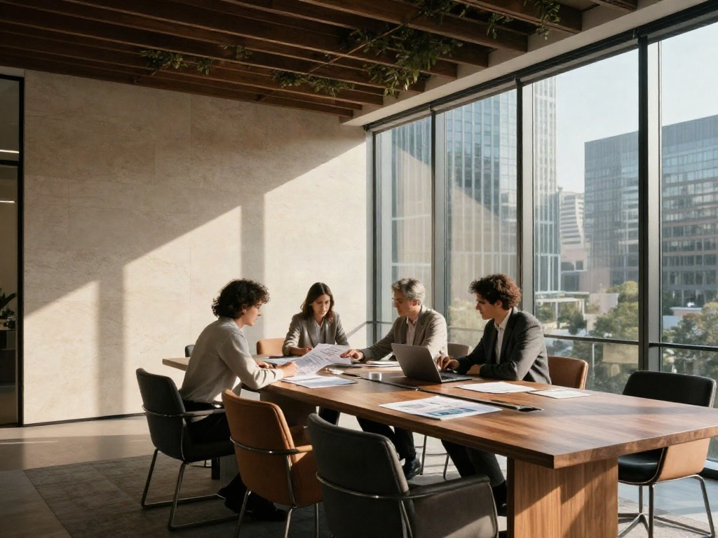 Consultants reviewing business strategy in a sunlit contemporary boardroom