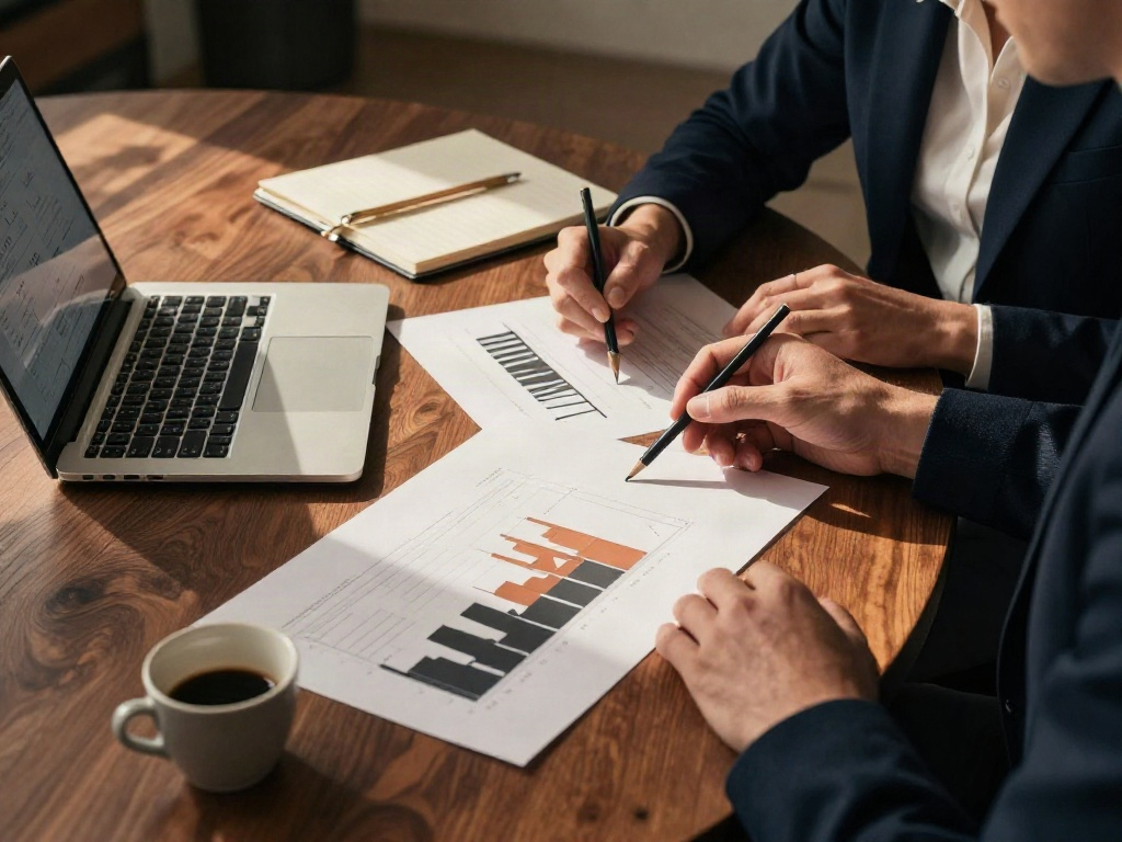 A collaborative business review with printed analytics and a laptop on a walnut table